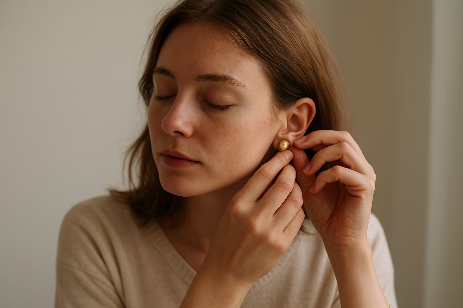 Personne ajustant des clips d'oreilles dans un intérieur lumineux, image éditoriale