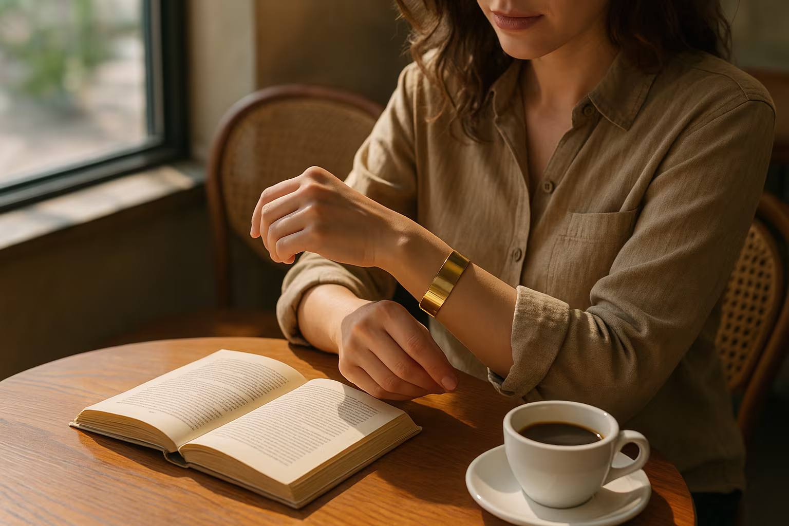 Personne ajustant un bracelet manchette à une table de café en lumière naturelle