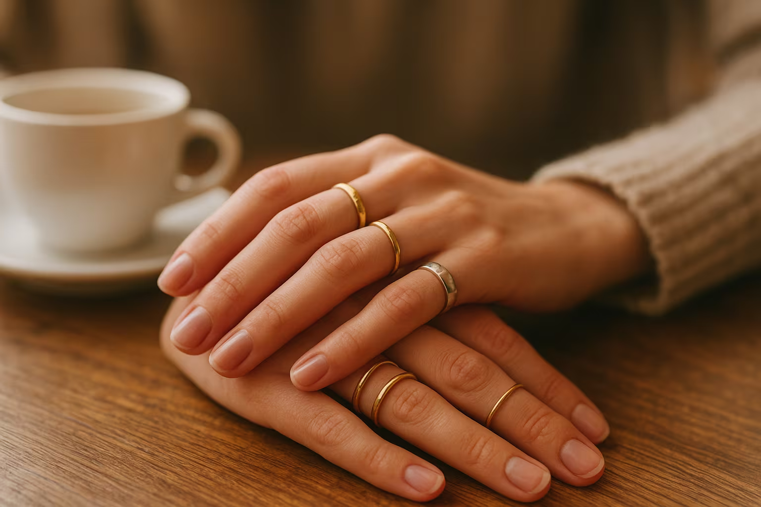 Mains portant différentes bagues fantaisie posées sur une table de café