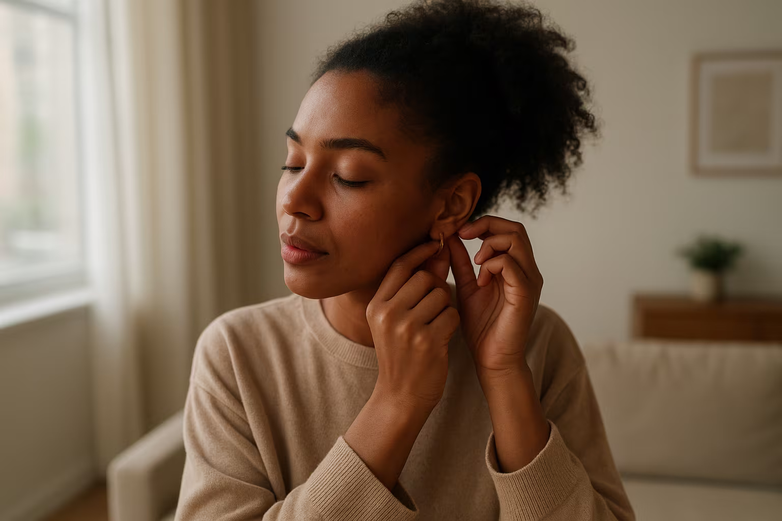 Personne ajustant des créoles dans un intérieur lumineux, image lifestyle éditoriale