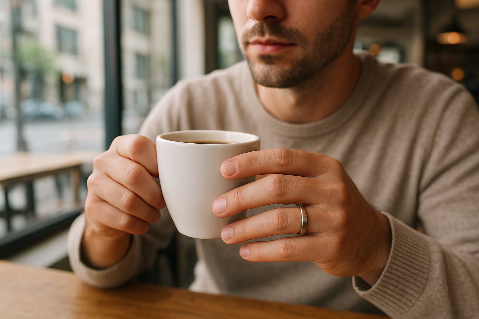 Homme portant une bague discrète dans un café, image lifestyle illustrant le port quotidien