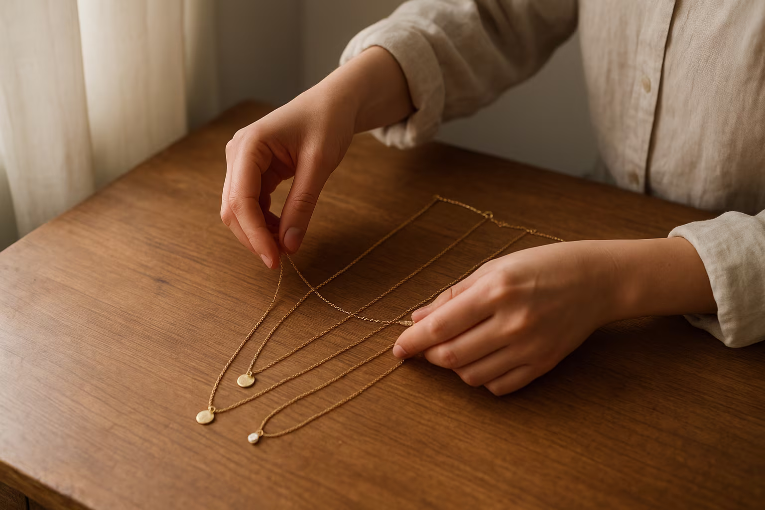Photo lifestyle de colliers délicats superposés sur une table en bois, lumière douce