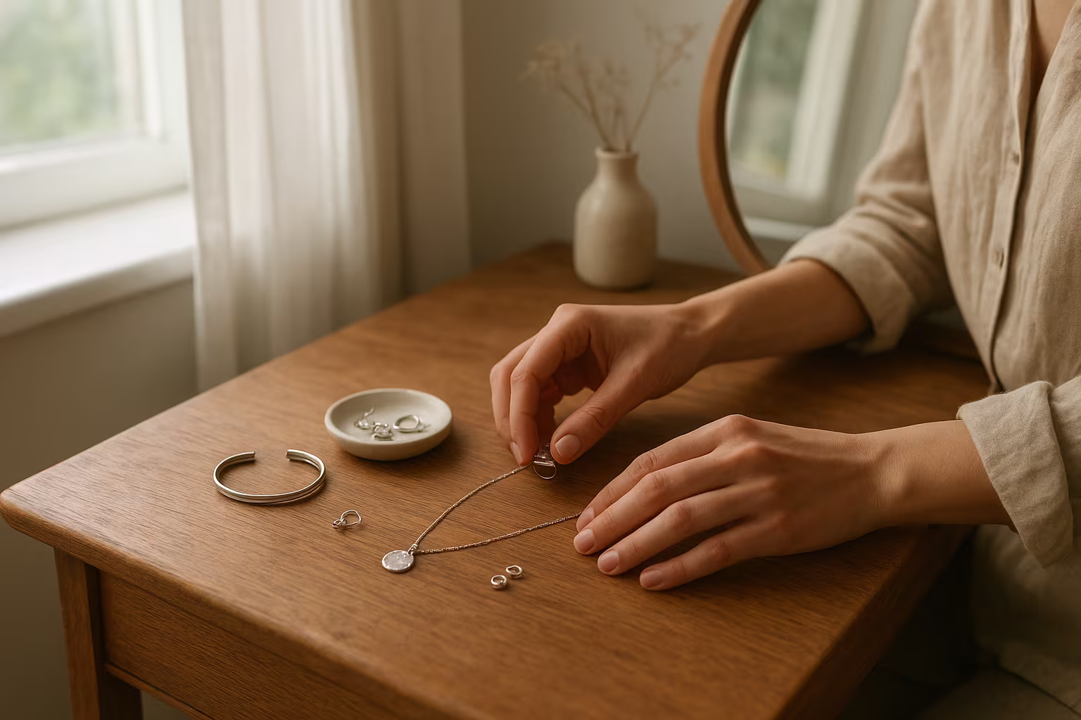 Scène lifestyle d'une coiffeuse avec bijoux en argent posés près d'une fenêtre