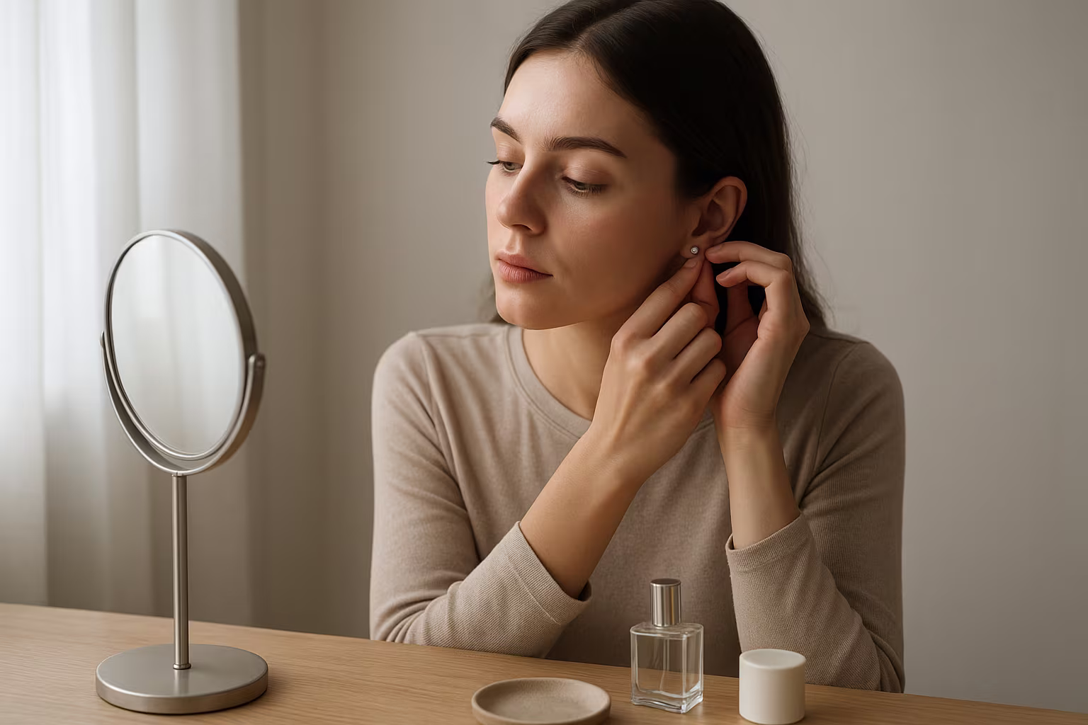 Personne mettant un clou d'oreille près d'une coiffeuse, lumière douce