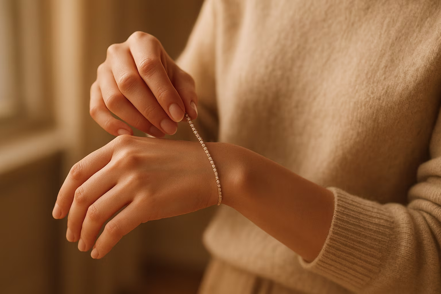 Personne ajustant un bracelet tennis discret dans un intérieur lumineux