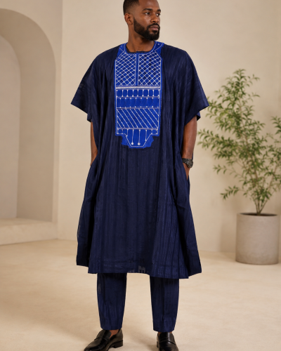 3- piece Regal navy blue agbada set