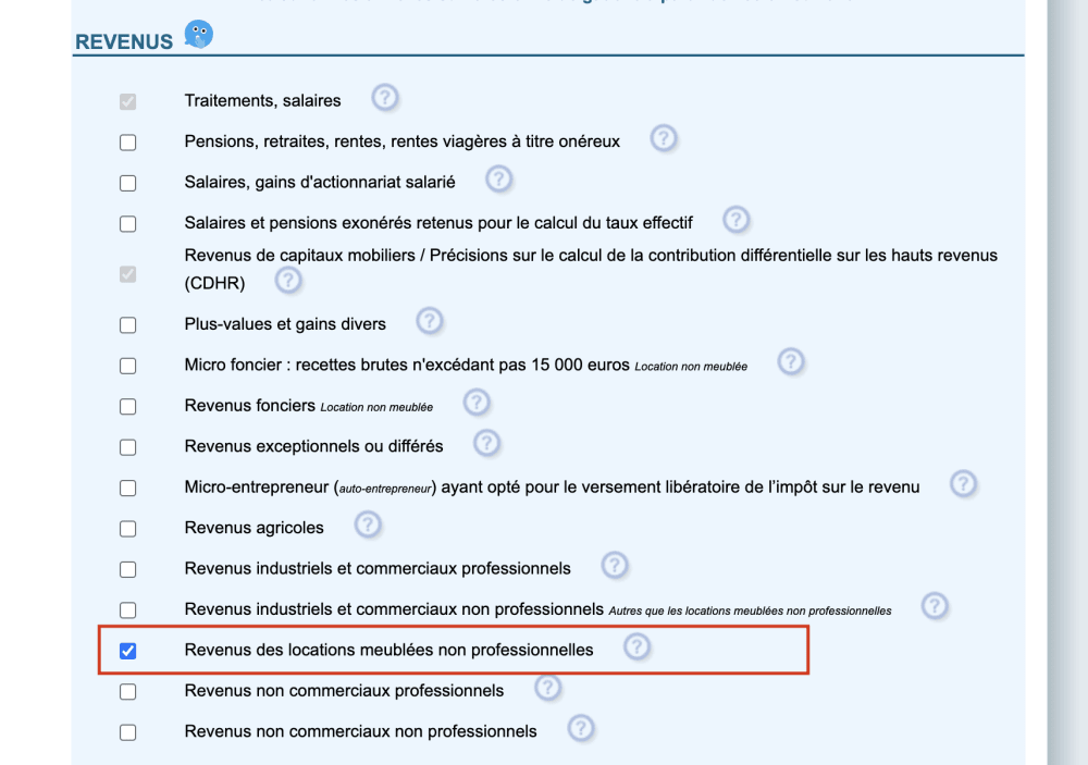 Sélection de la rubrique Revenus des locations meublées non professionnelles sur impots.gouv
