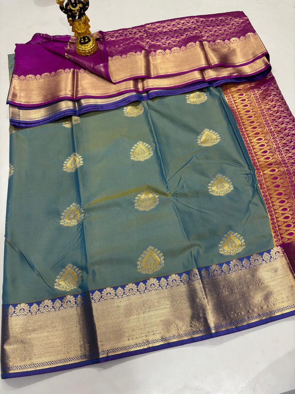 Seafoam Green & Vibrant Purple Silk-Cotton Saree