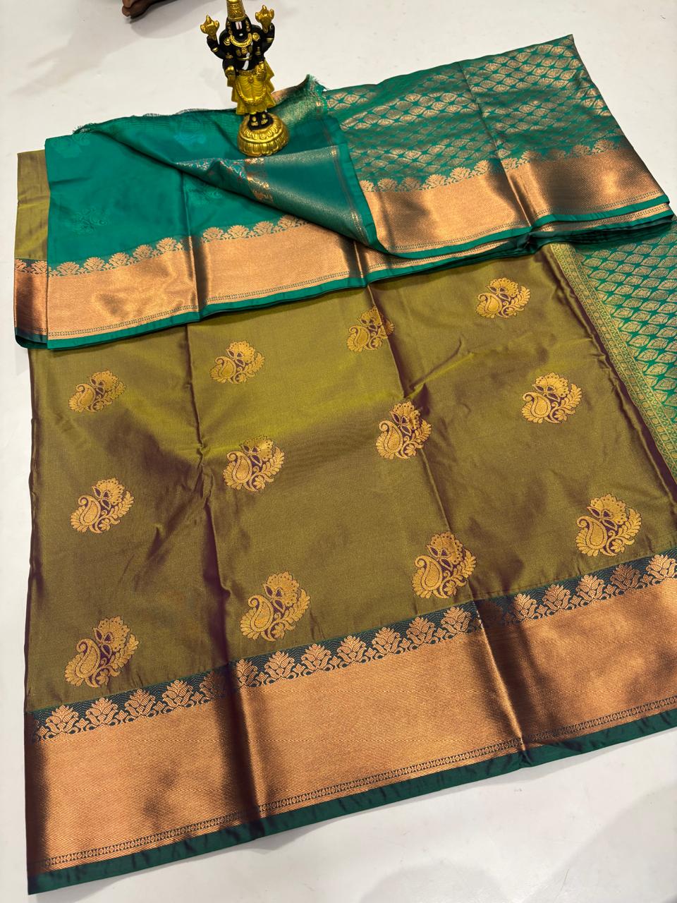 Olive Gold & Teal Green Heritage Silk-Cotton Saree