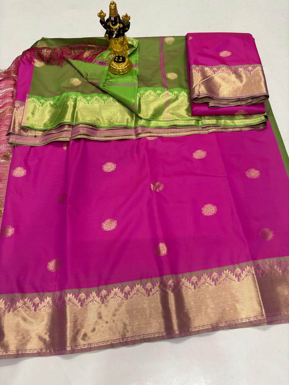 Vibrant Rani Pink & Leaf Green Sico Saree