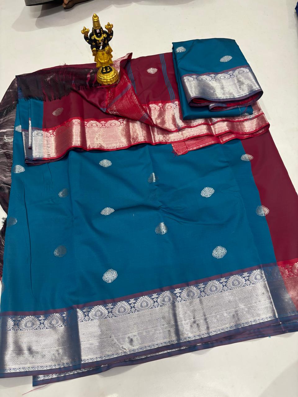 Peacock Blue & Maroon Silver Zari Saree
