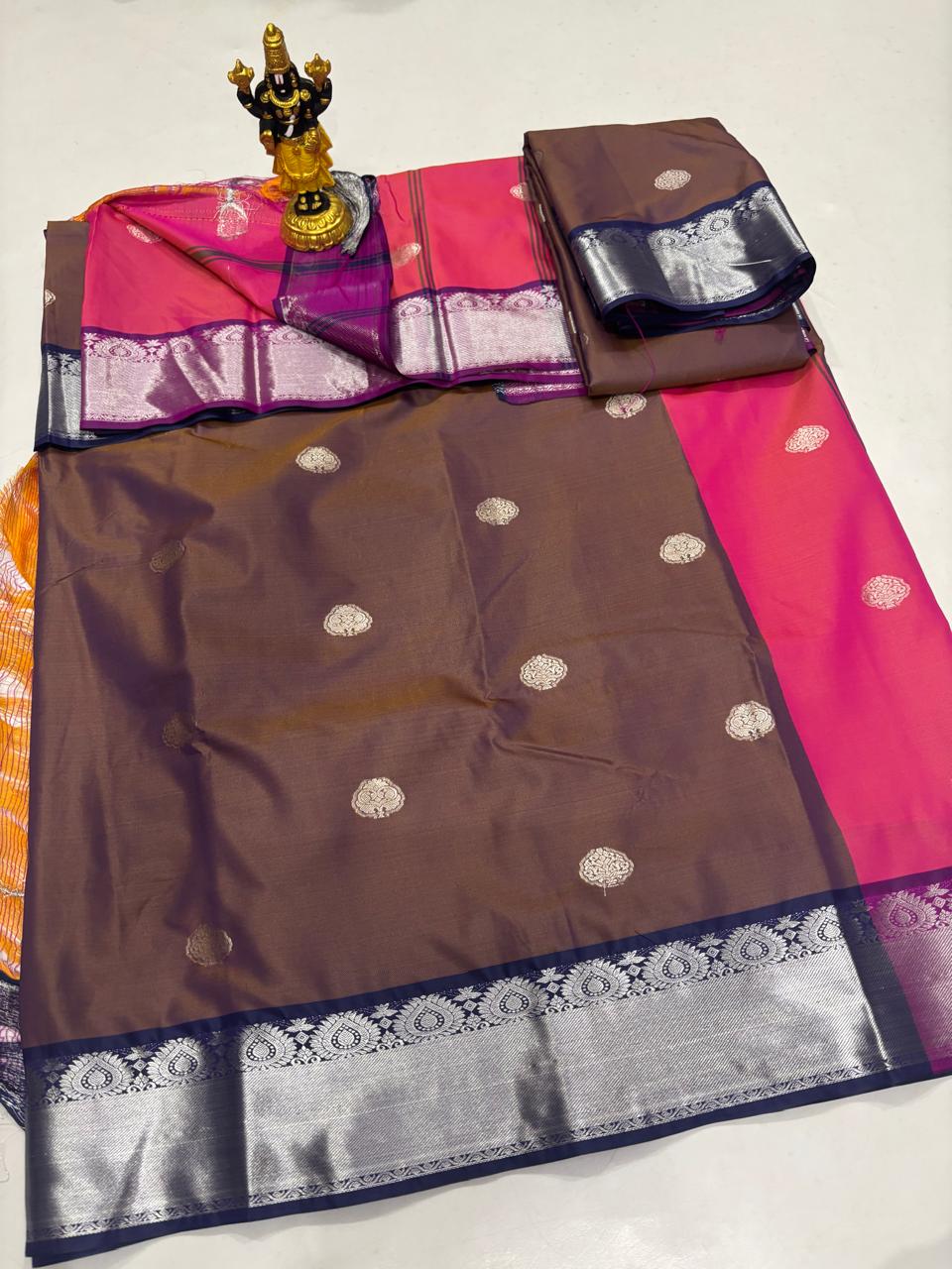 Earthy Cocoa & Hot Pink Silver Zari Saree