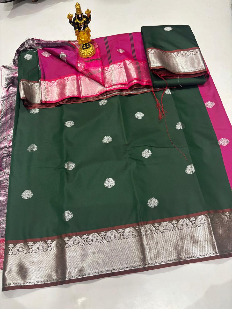 Bottle Green & Rani Pink Silver Zari Saree