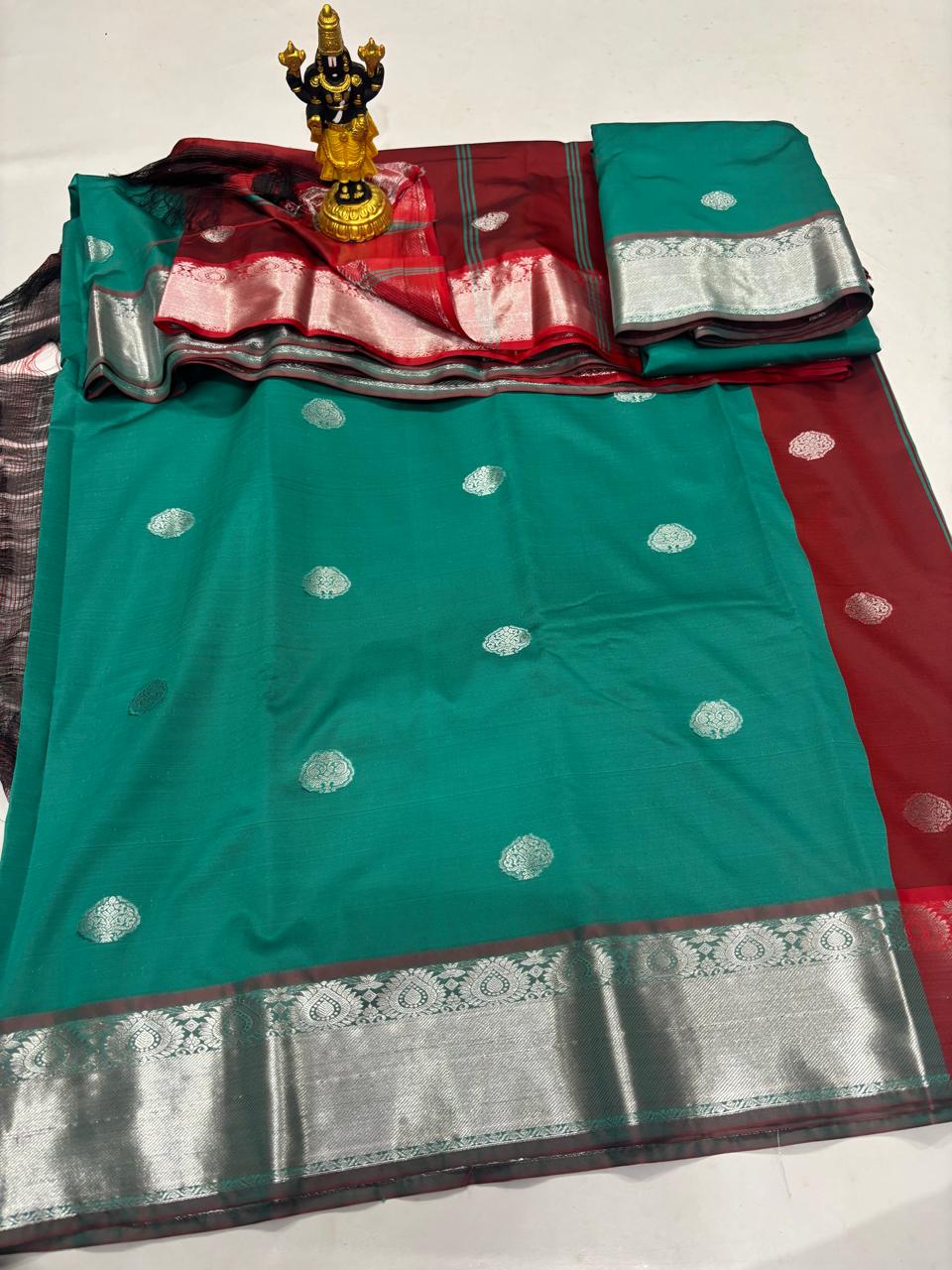 Emerald Green & Maroon Silver Zari Heritage Saree