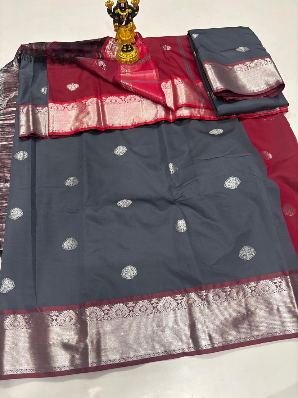 Charcoal Grey & Maroon Silver Zari Saree