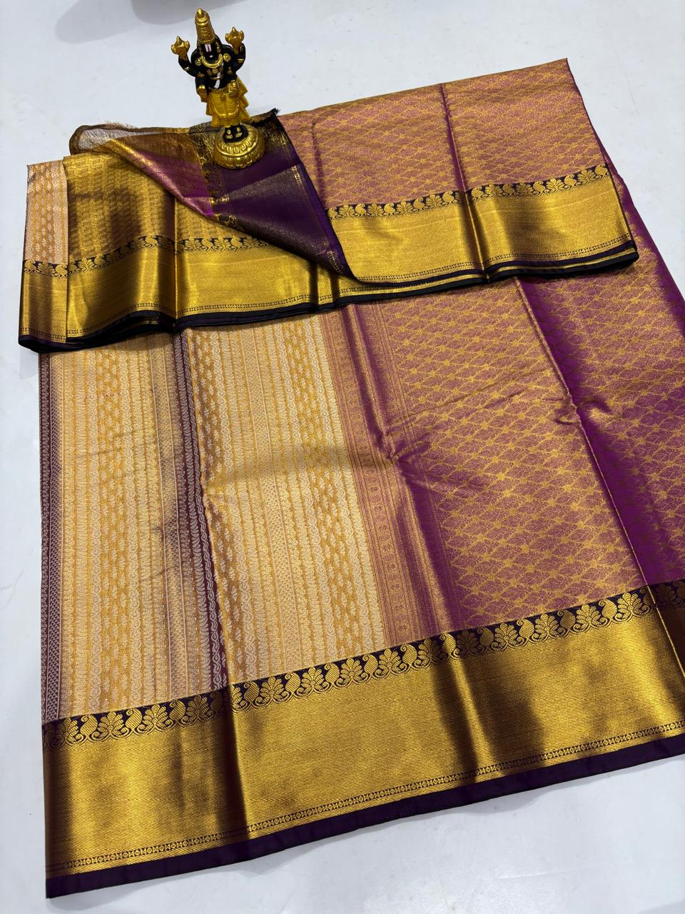 Plum Purple & Golden Cream Antique Zari Sico Saree