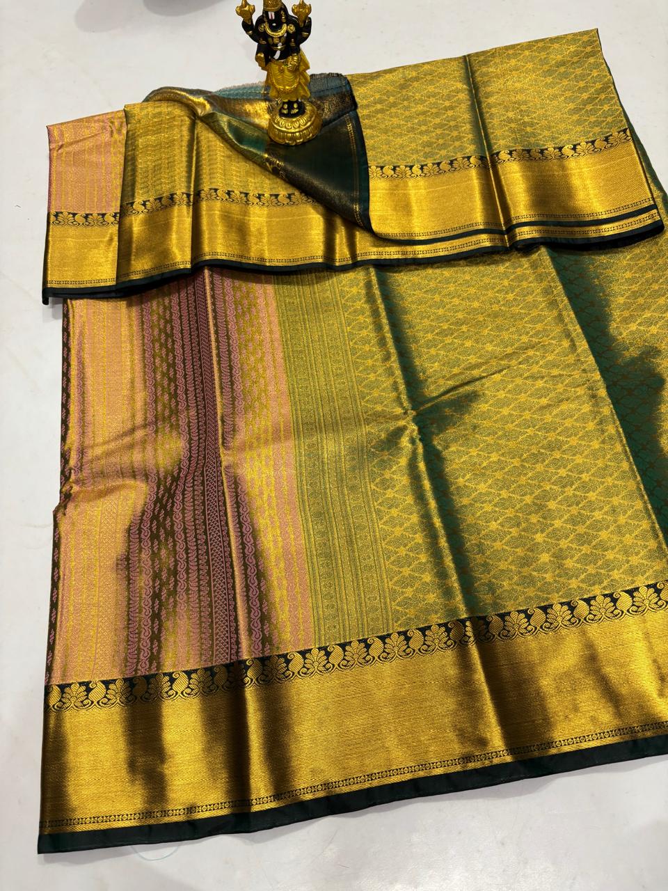 Bottle Green & Peach-Gold Fusion Sico Saree
