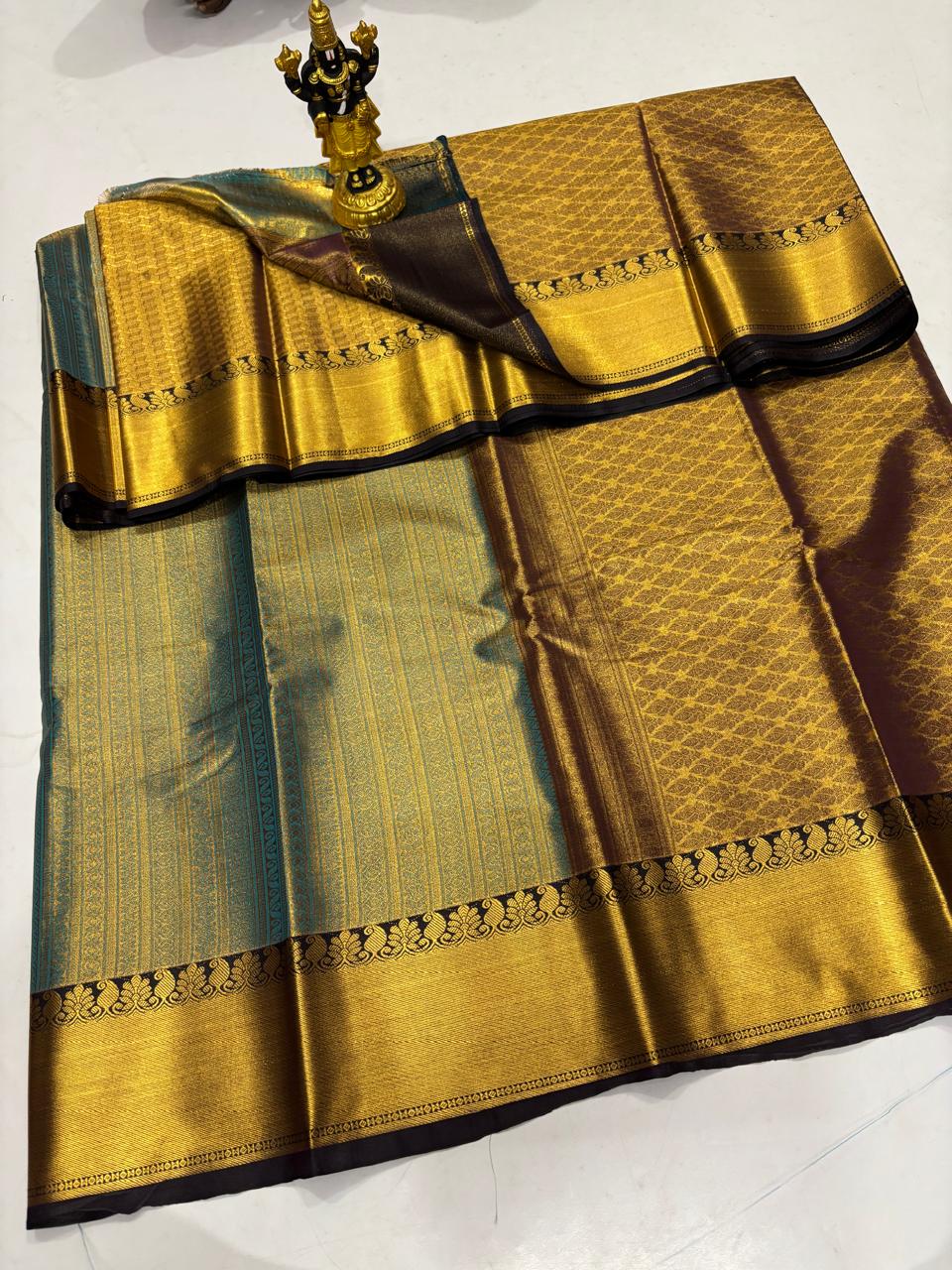 Teal Blue & Copper Gold Metallic Sico Saree
