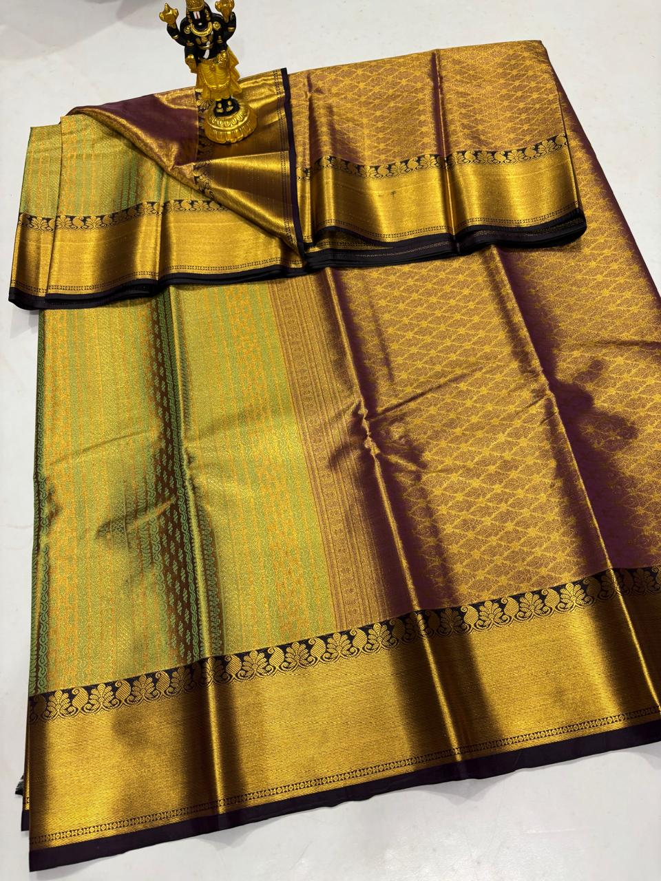 Wine Burgundy & Lime Green Contrast Sico Saree