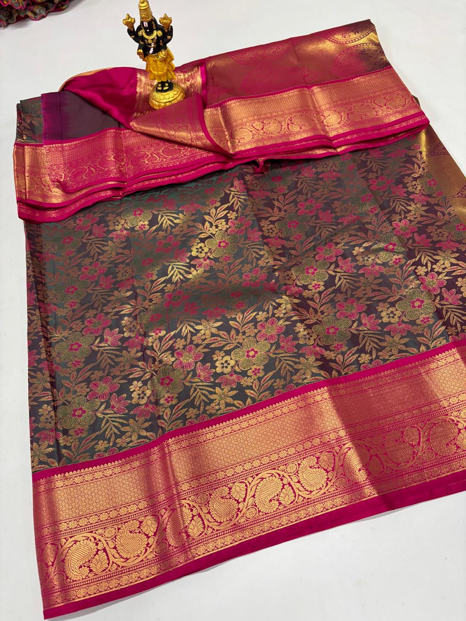 Charcoal Grey & Rani Pink Allover Floral Sico Saree