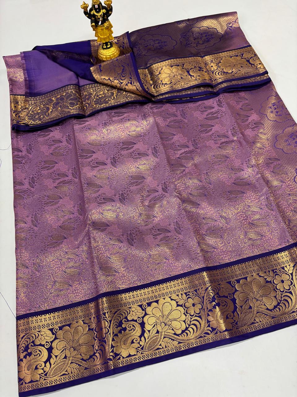 Lavender Purple & Navy Blue Allover Leafy Sico Saree