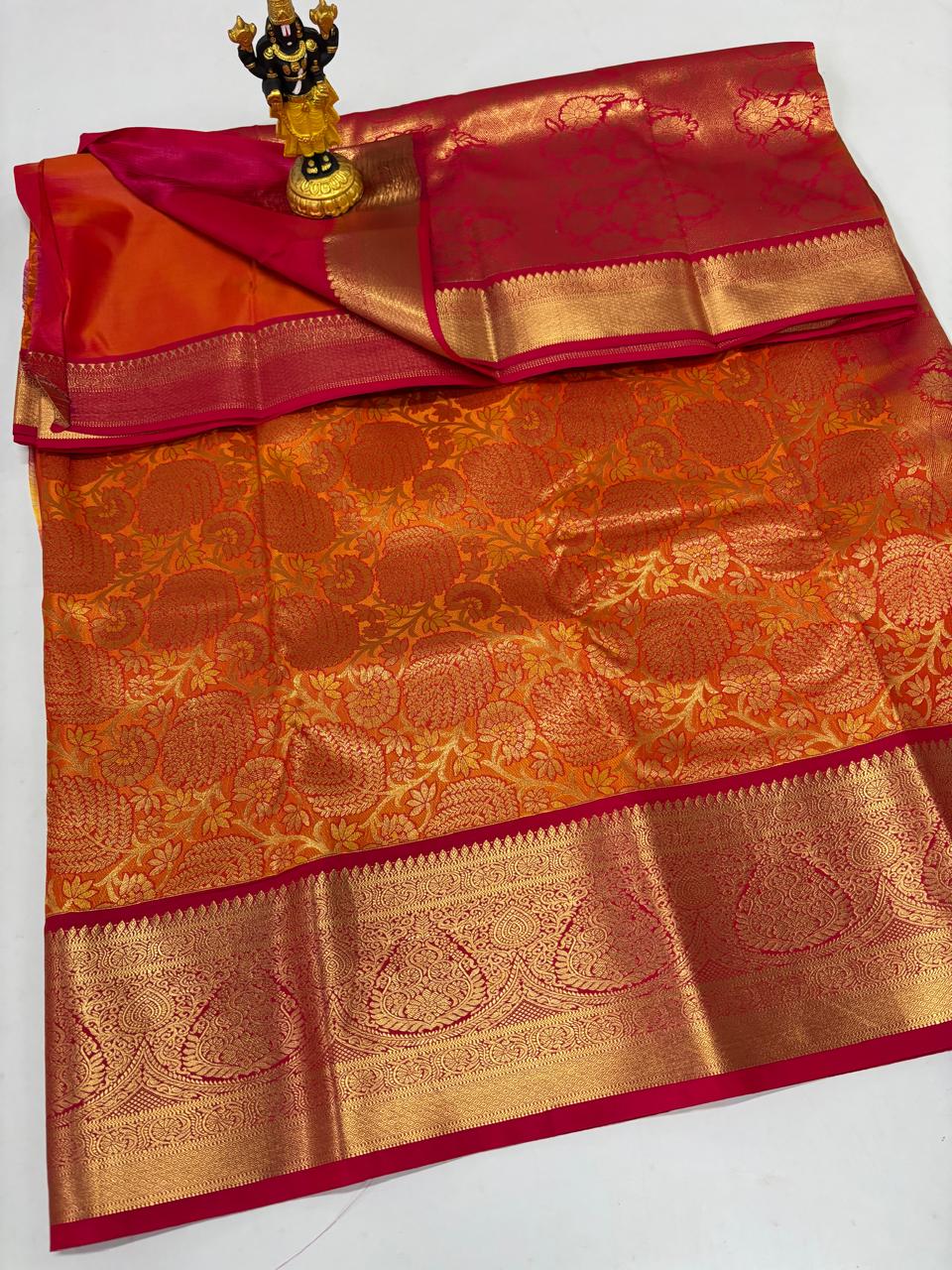 Sunset Orange & Crimson Red Grand Jaal Saree