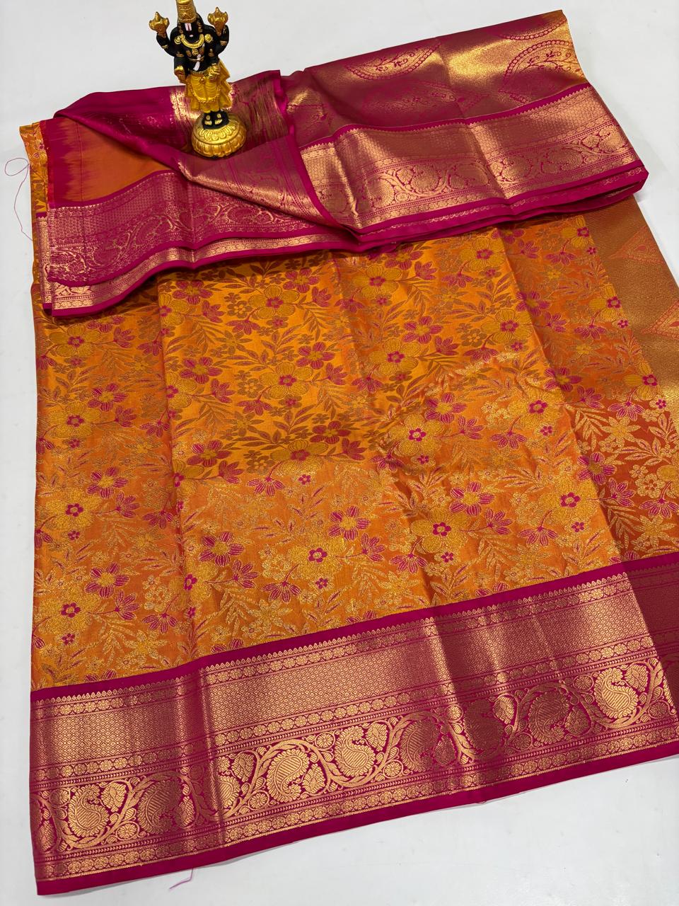 Golden Mustard & Rani Pink Allover Floral Sico Saree