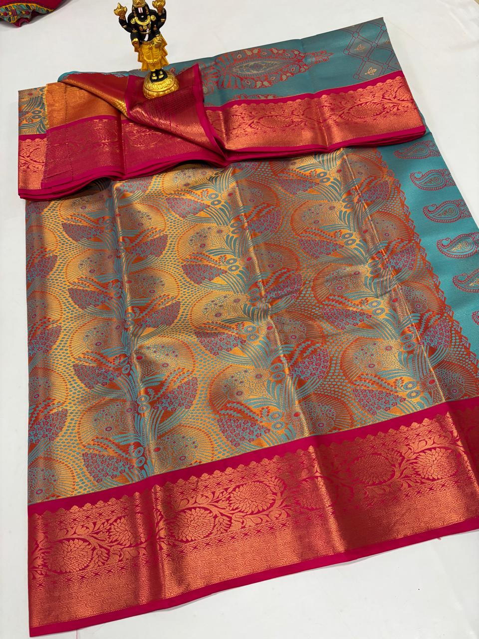 Aqua Turquoise & Rani Pink Grand Peacock Jaal Saree