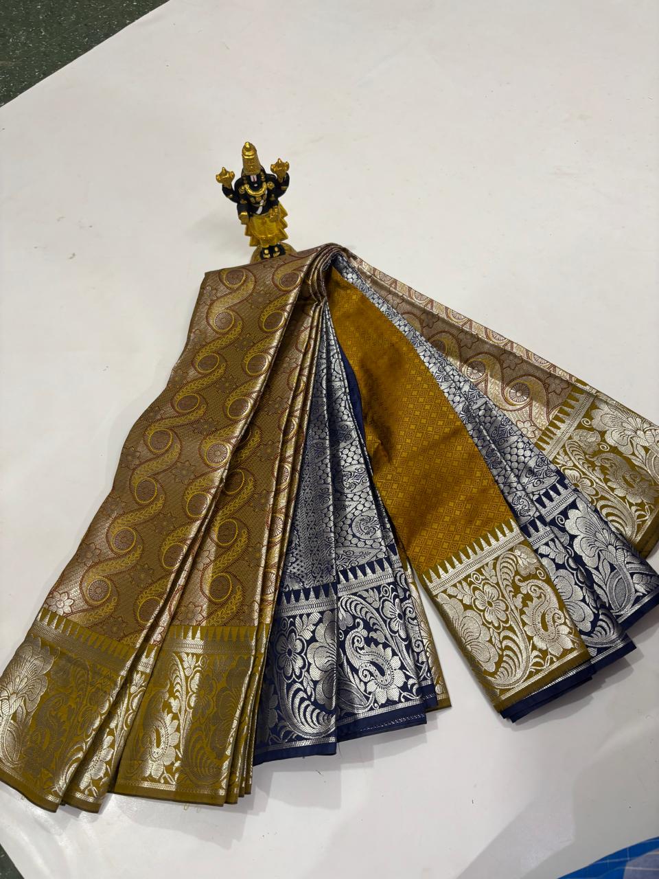 Mustard Gold & Navy Silver Zari Sico Saree