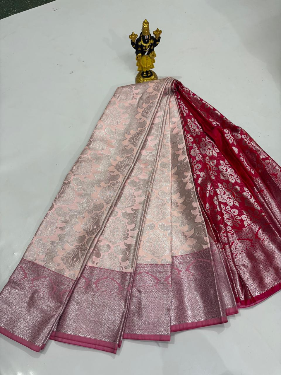 Blush Pink & Crimson Silver Jaal Sico Saree