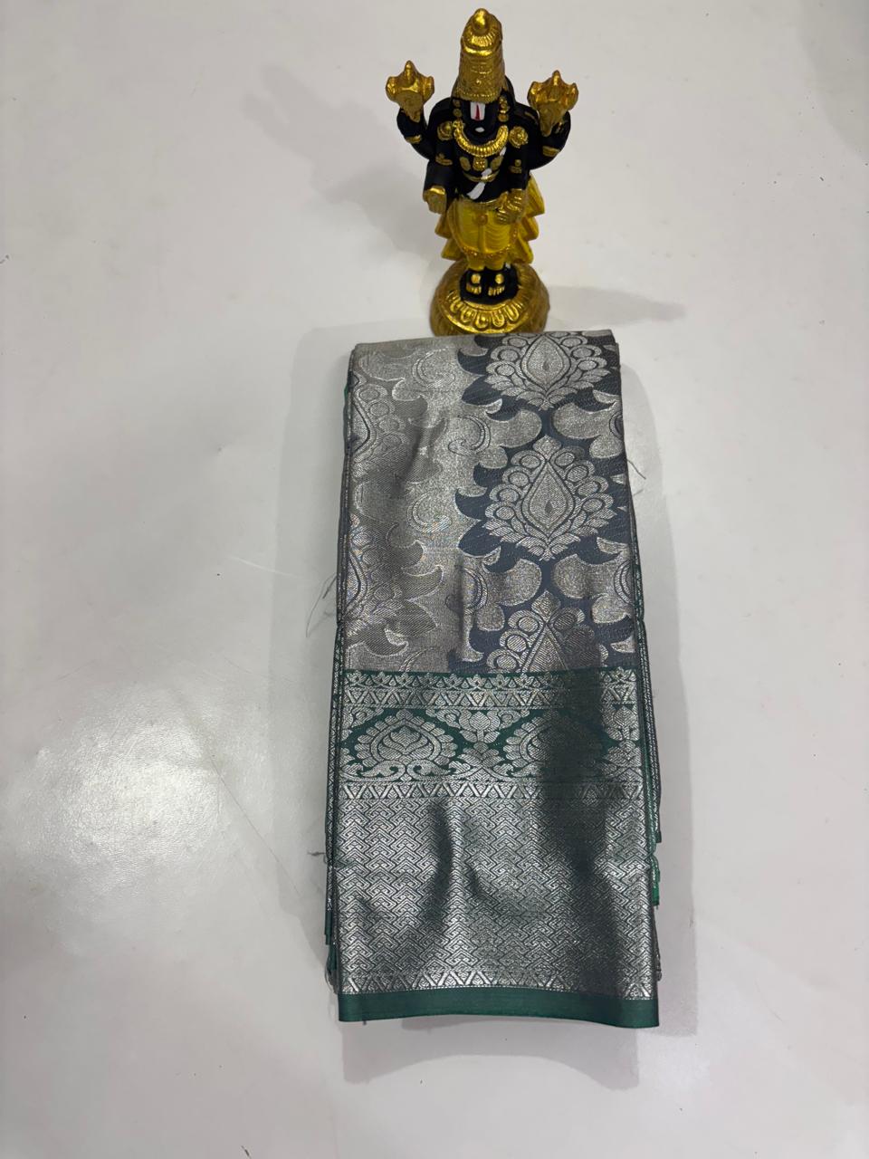 Slate Grey & Teal Green Silver Damask Saree