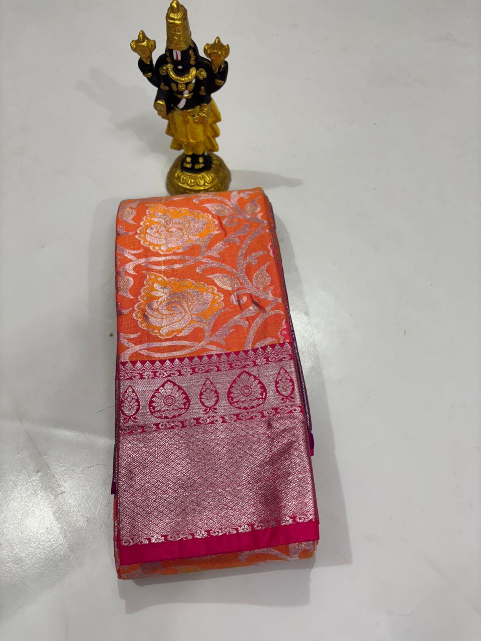 Vibrant Orange & Hot Pink Rose Motif Sico Saree