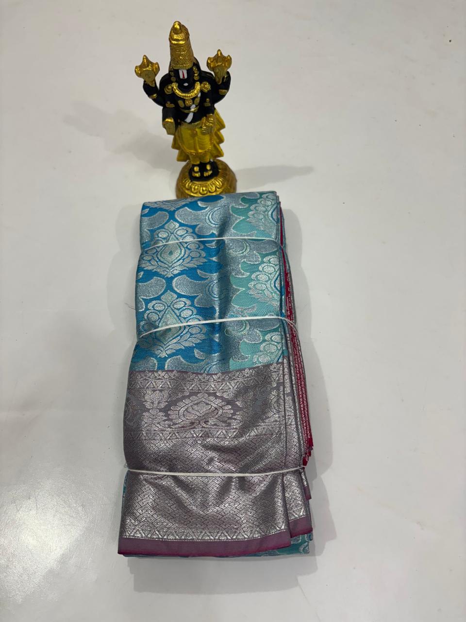 Aqua Turquoise & Plum Silver Wave Sico Saree