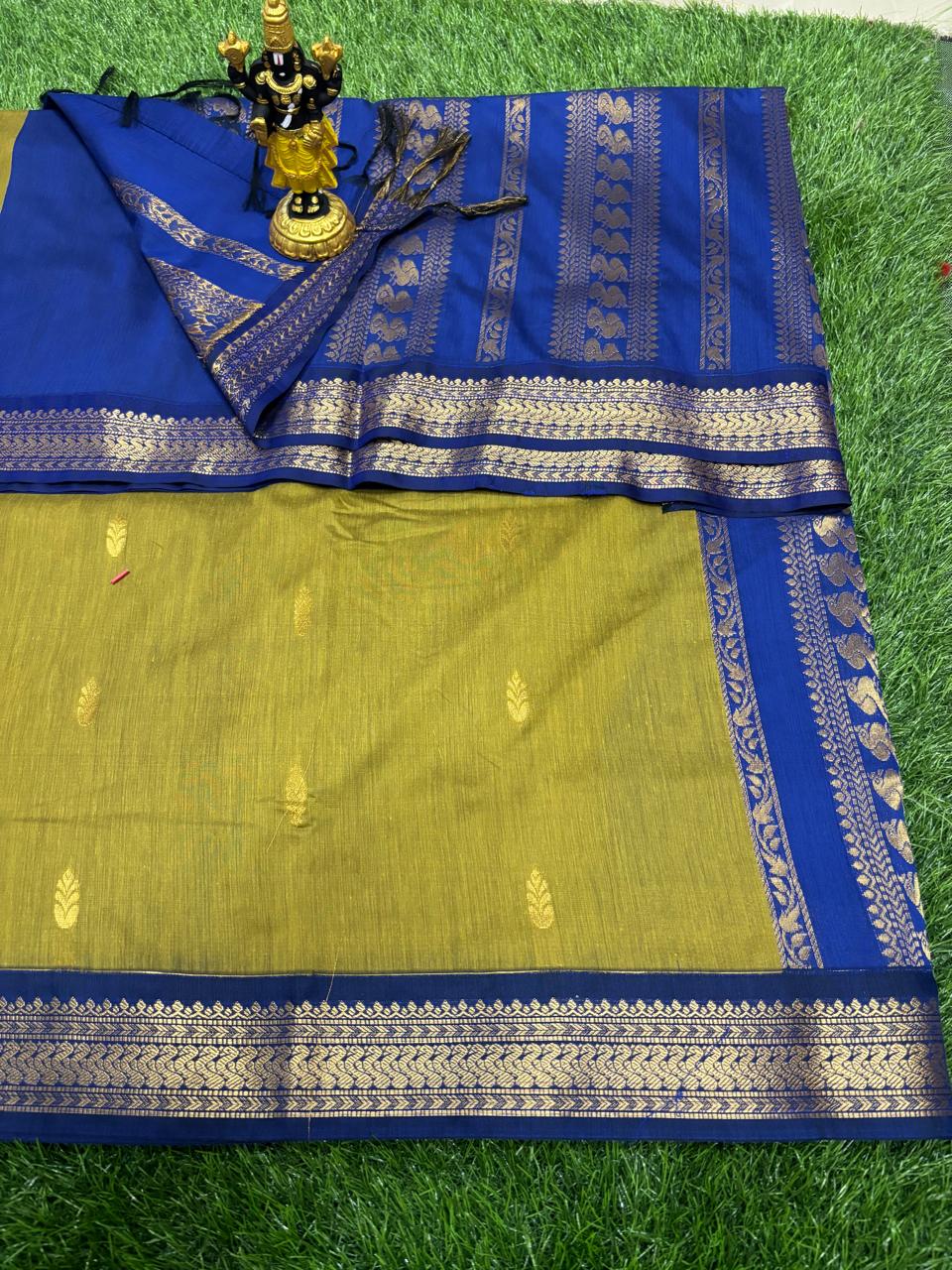 Olive Mustard & Royal Blue Contrast Sico Saree
