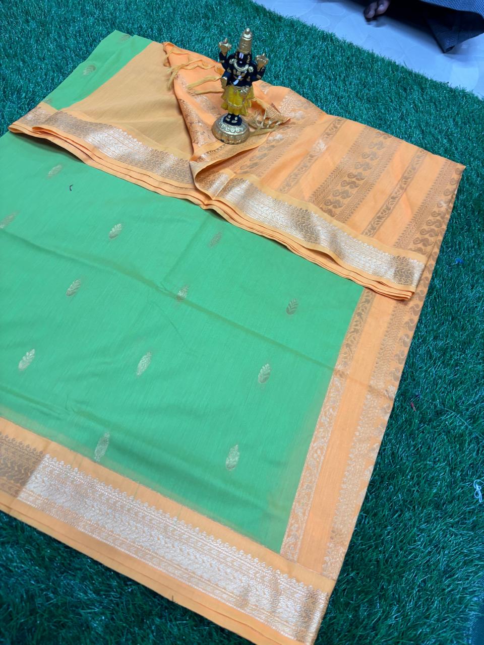 Seafoam Green & Peach Orange Designer Sico Saree