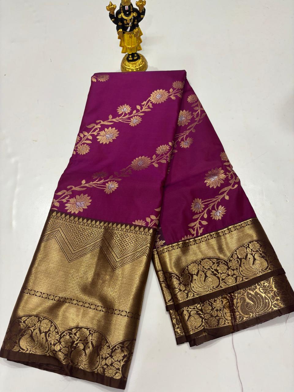 Deep Magenta & Chocolate Floral Vine Sico Saree