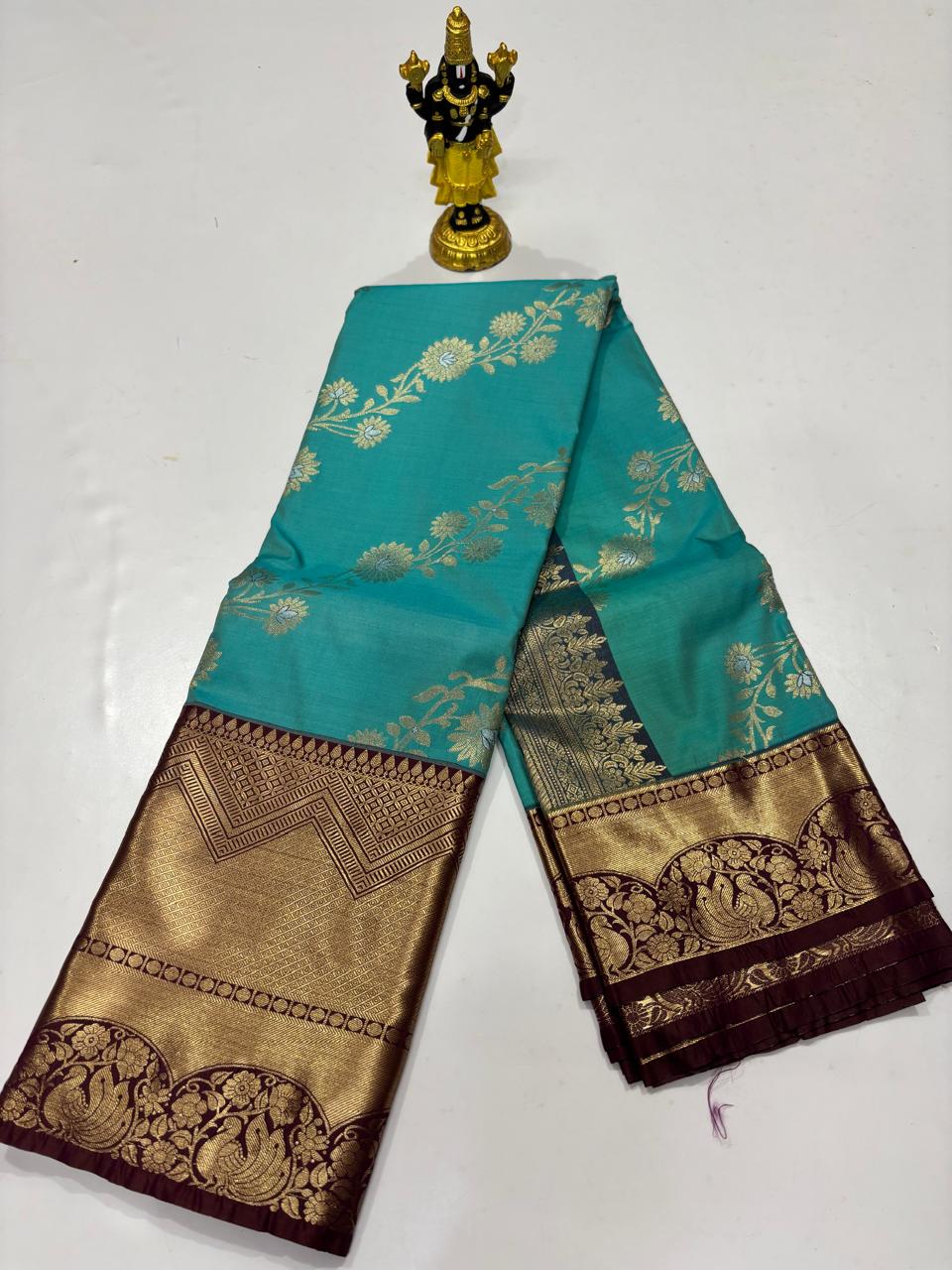 Aqua Turquoise & Maroon Floral Creeper Saree
