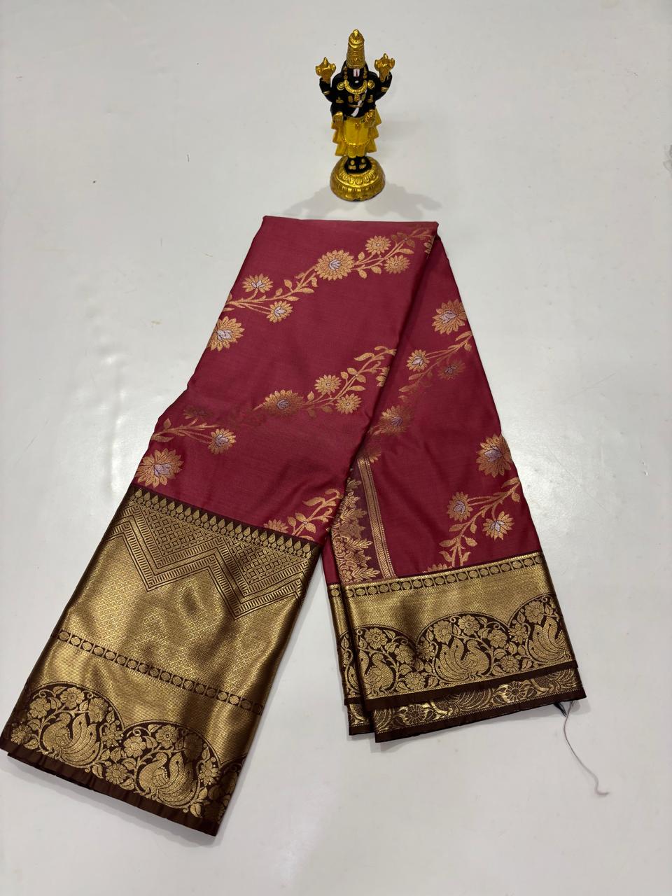 Raspberry Red & Dark Espresso Heritage Vine Saree