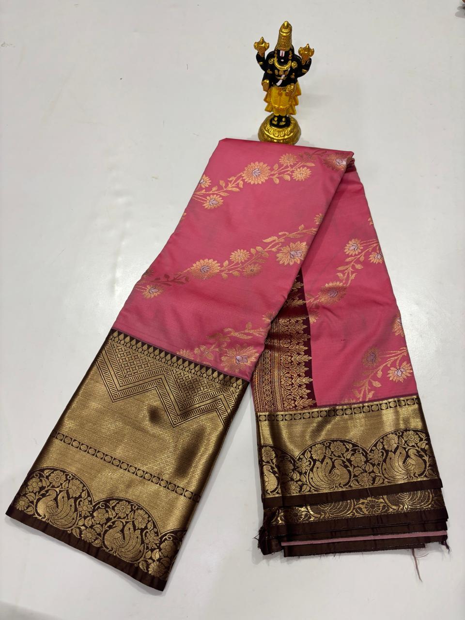 Coral Pink & Wine Red Soft Floral Vine Saree