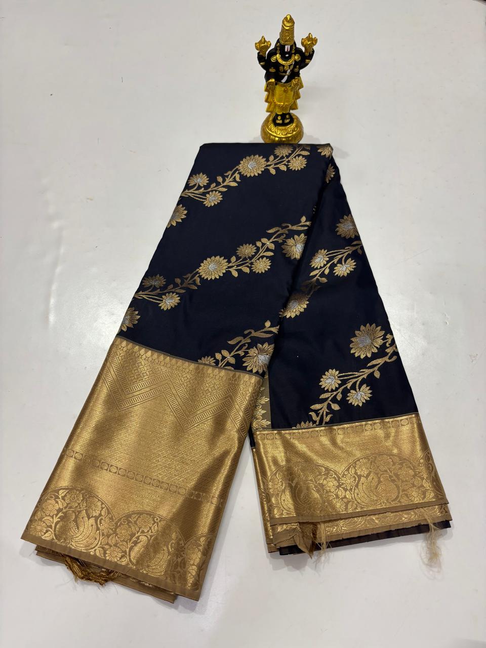 Midnight Black & Antique Gold Heritage Vine Saree