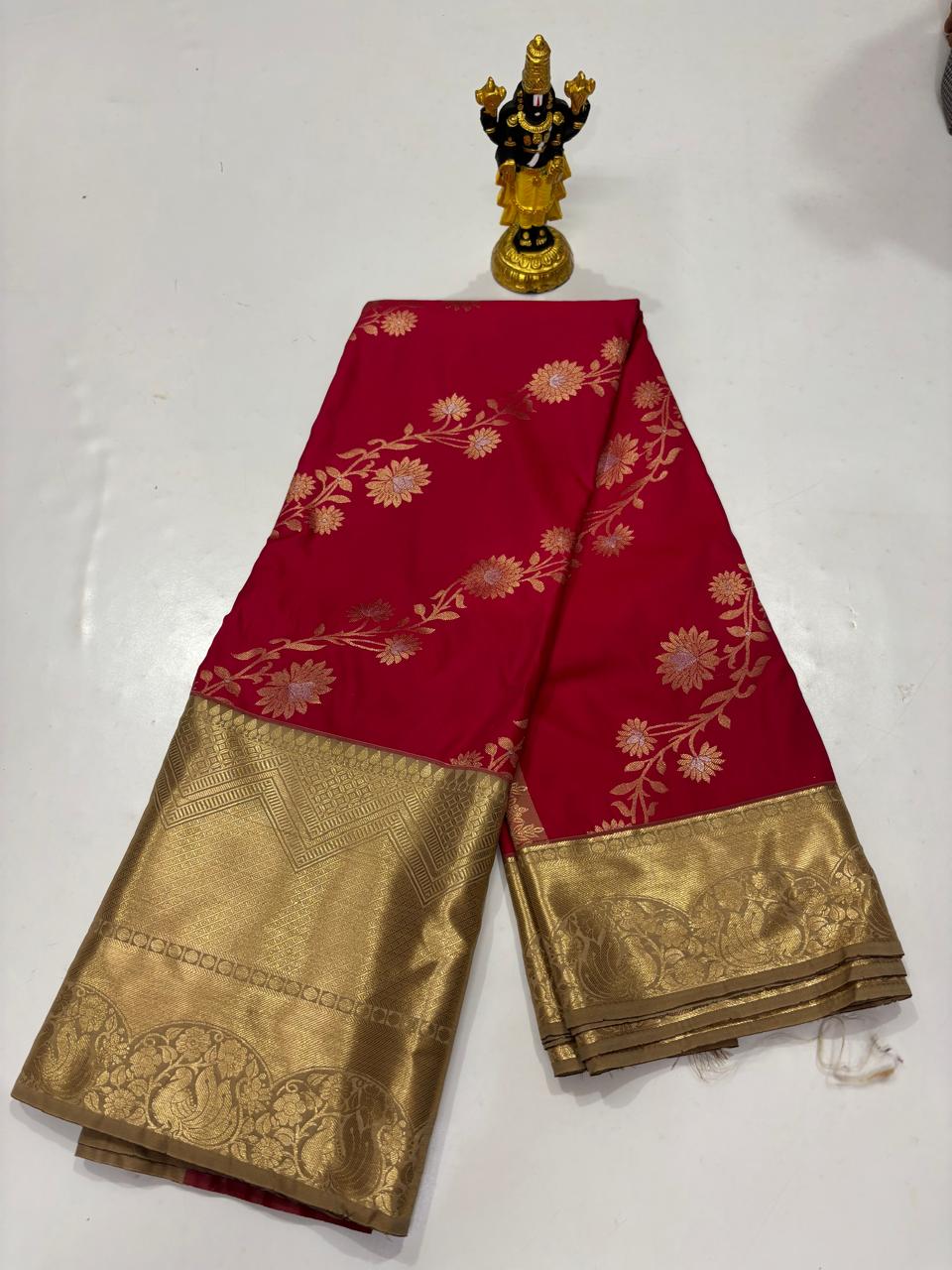Blood Red & Radiant Gold Floral Vine Saree