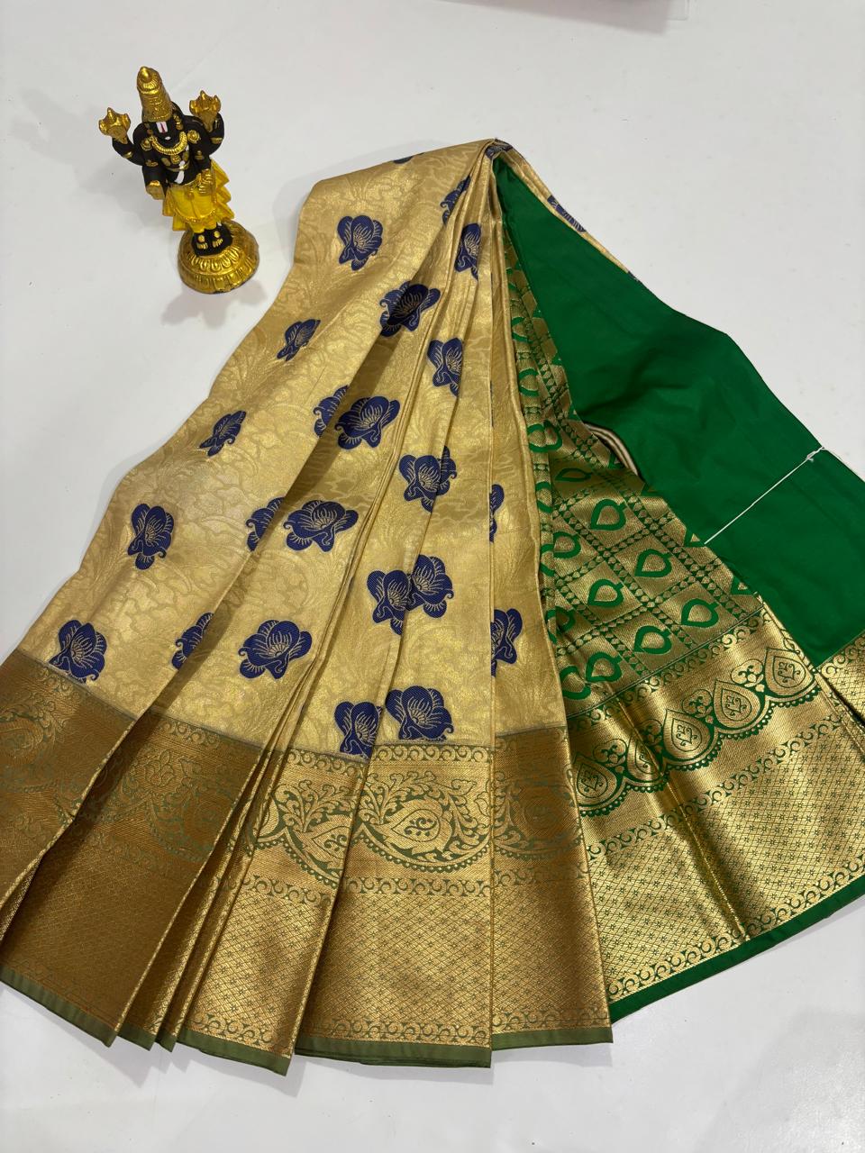 Golden Cream & Forest Green Allover Lotus Sico Saree