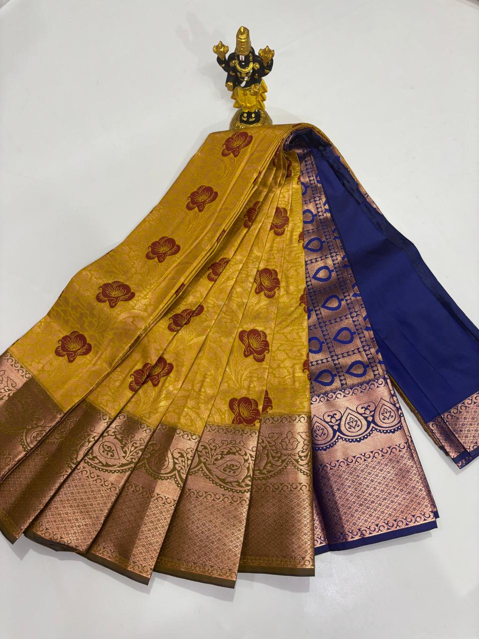 Amber Gold & Royal Blue Floral Jacquard Saree