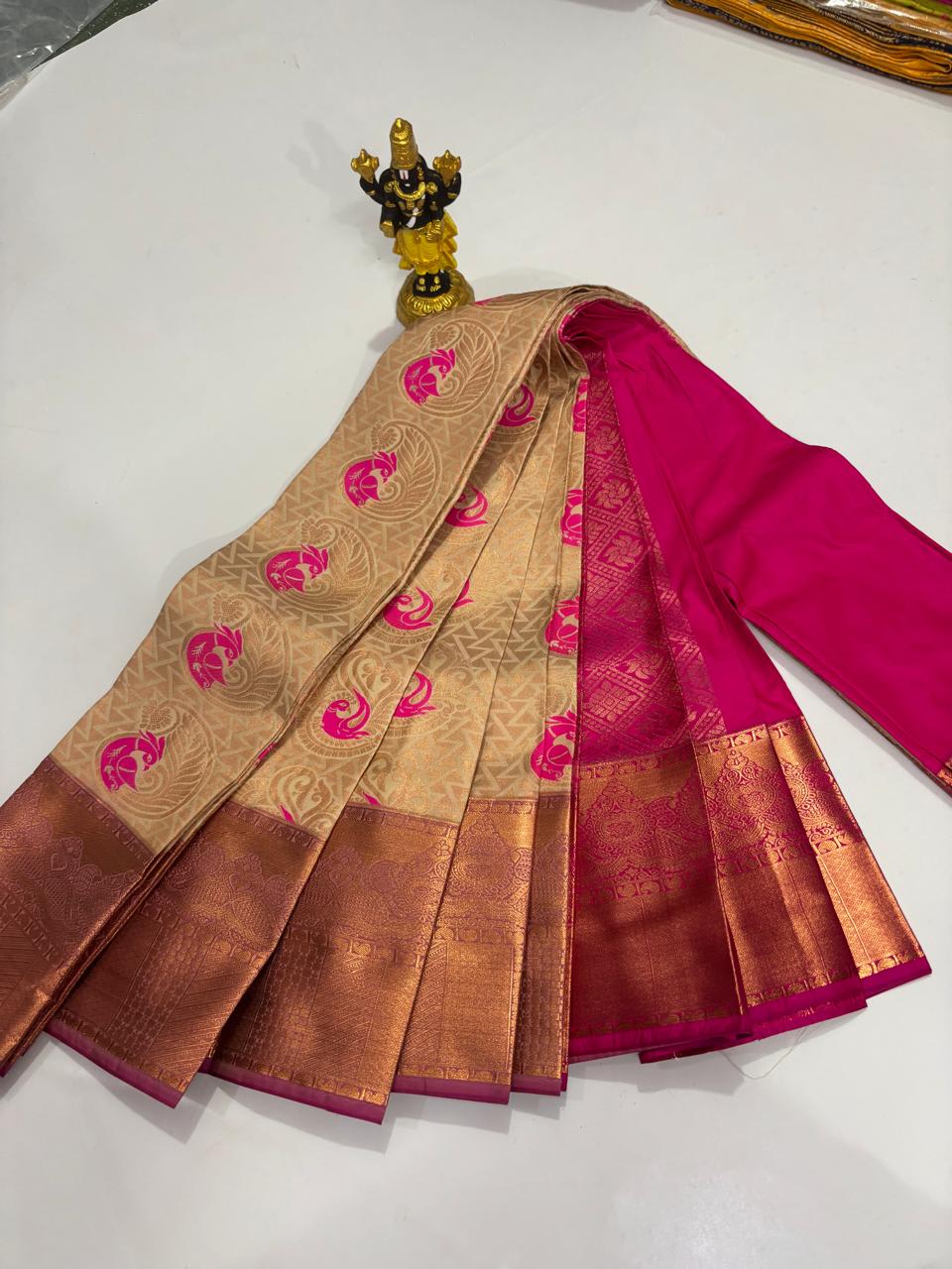 Sandalwood Gold & Magenta Peacock Fusion Saree