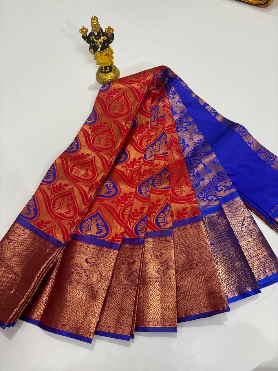 Scarlet Red & Electric Blue Grand Jacquard Saree