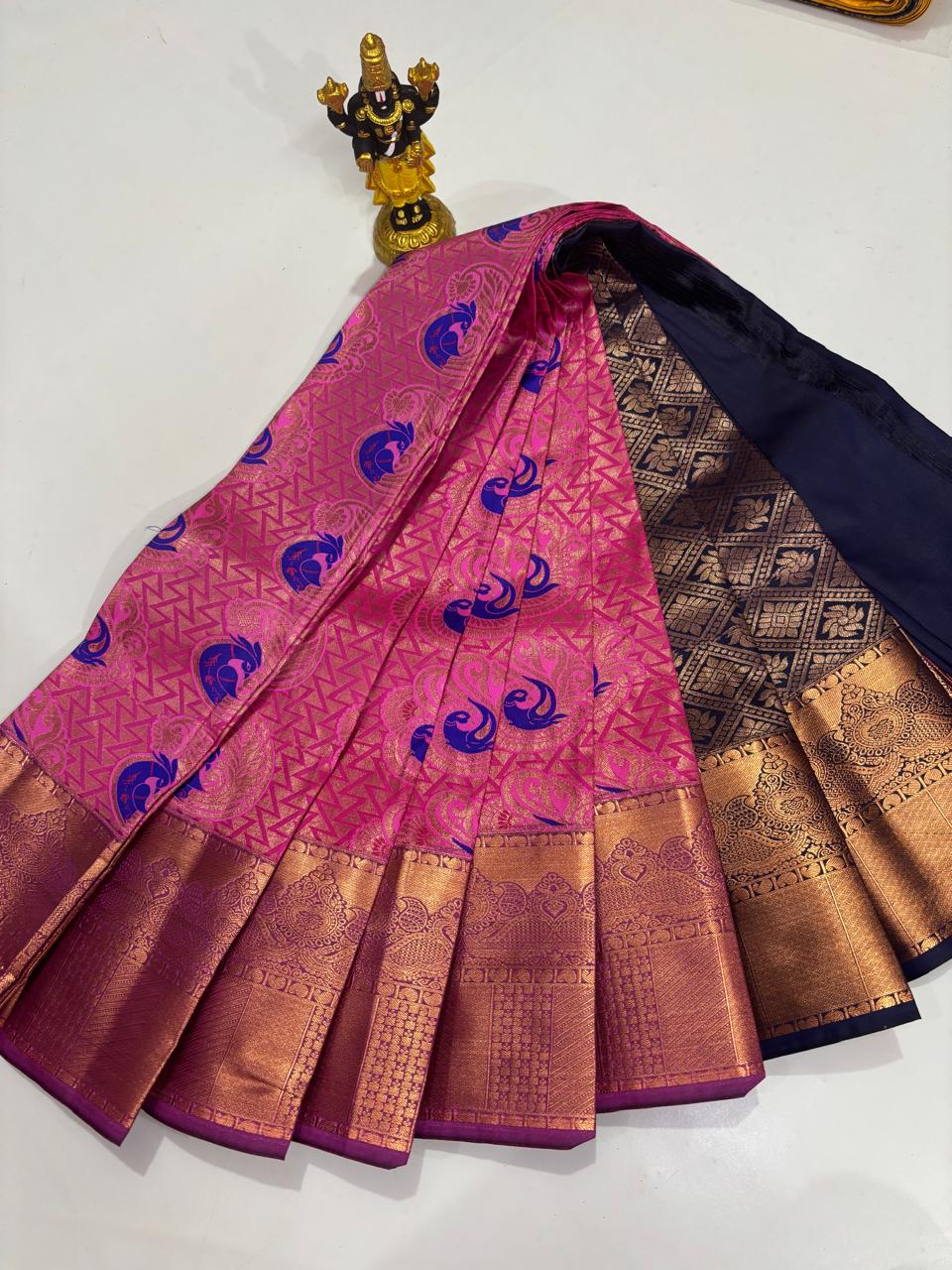 Rose Pink & Midnight Navy Peacock Bel Saree