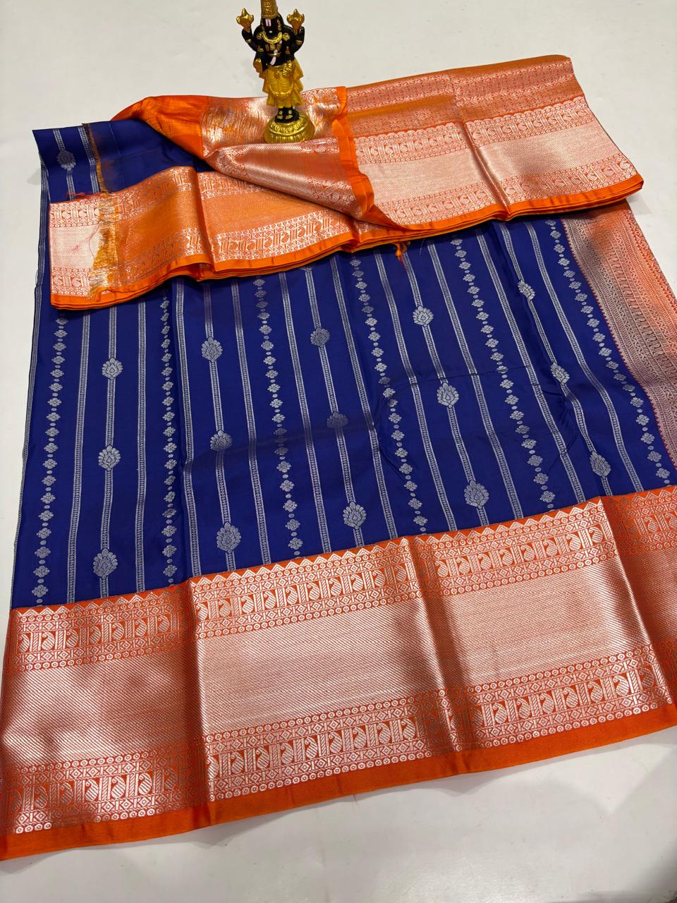 Ink Blue & Bright Orange Silver-Zari Sico