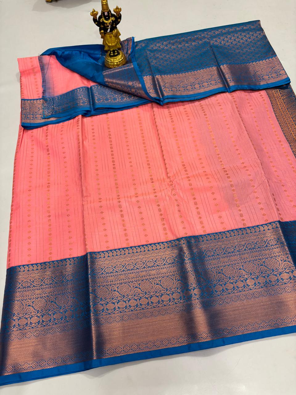 Peach Pink & Teal Blue Copper Zari Sico