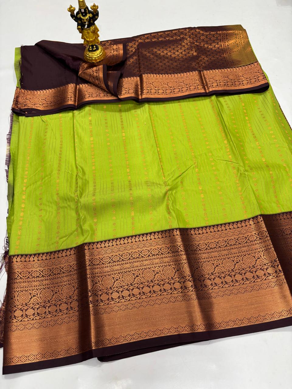 Lime Green & Dark Mahogany Copper Zari Sico