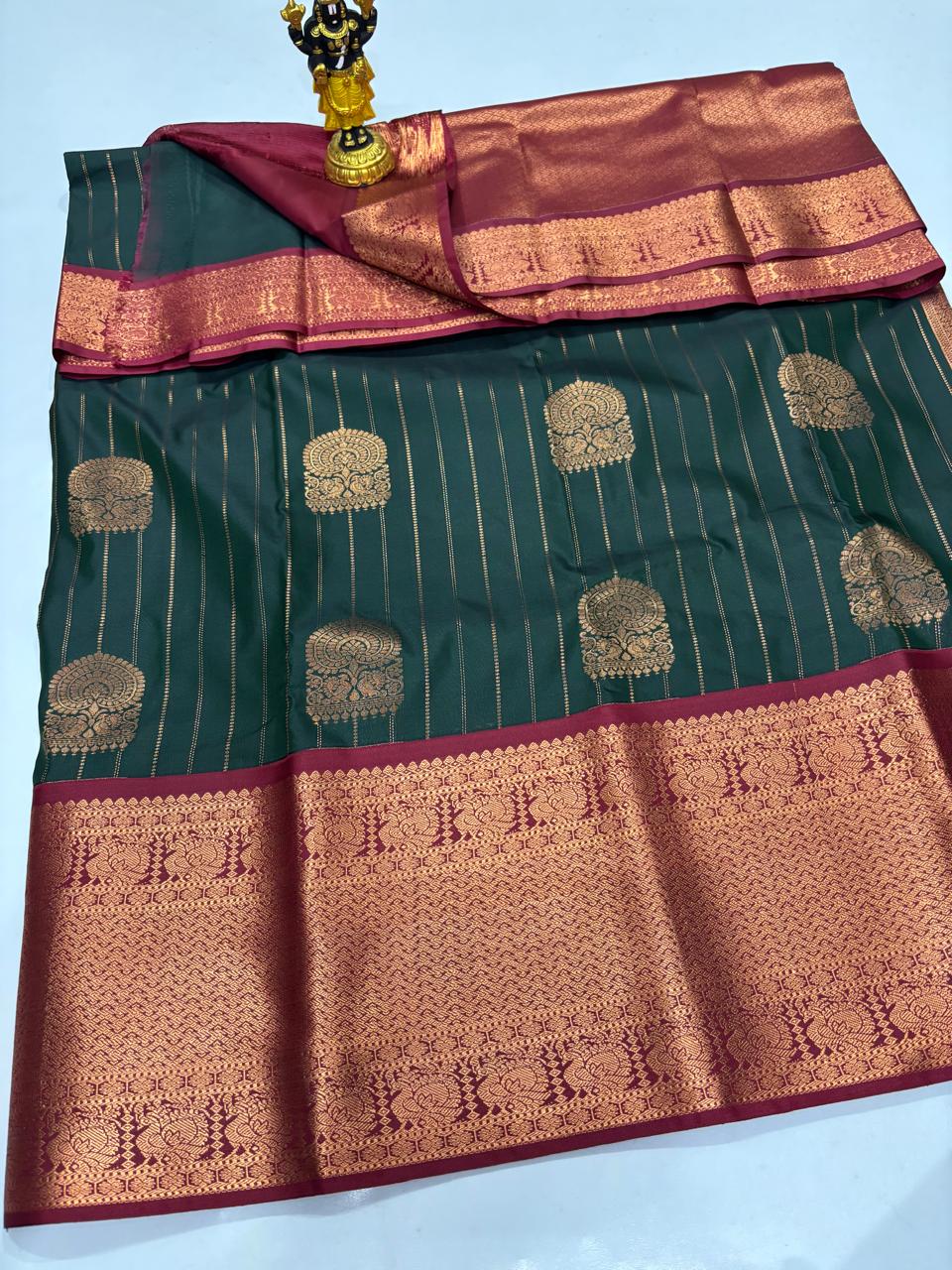 Deep Bottle Green & Wine Maroon Copper Zari Sico